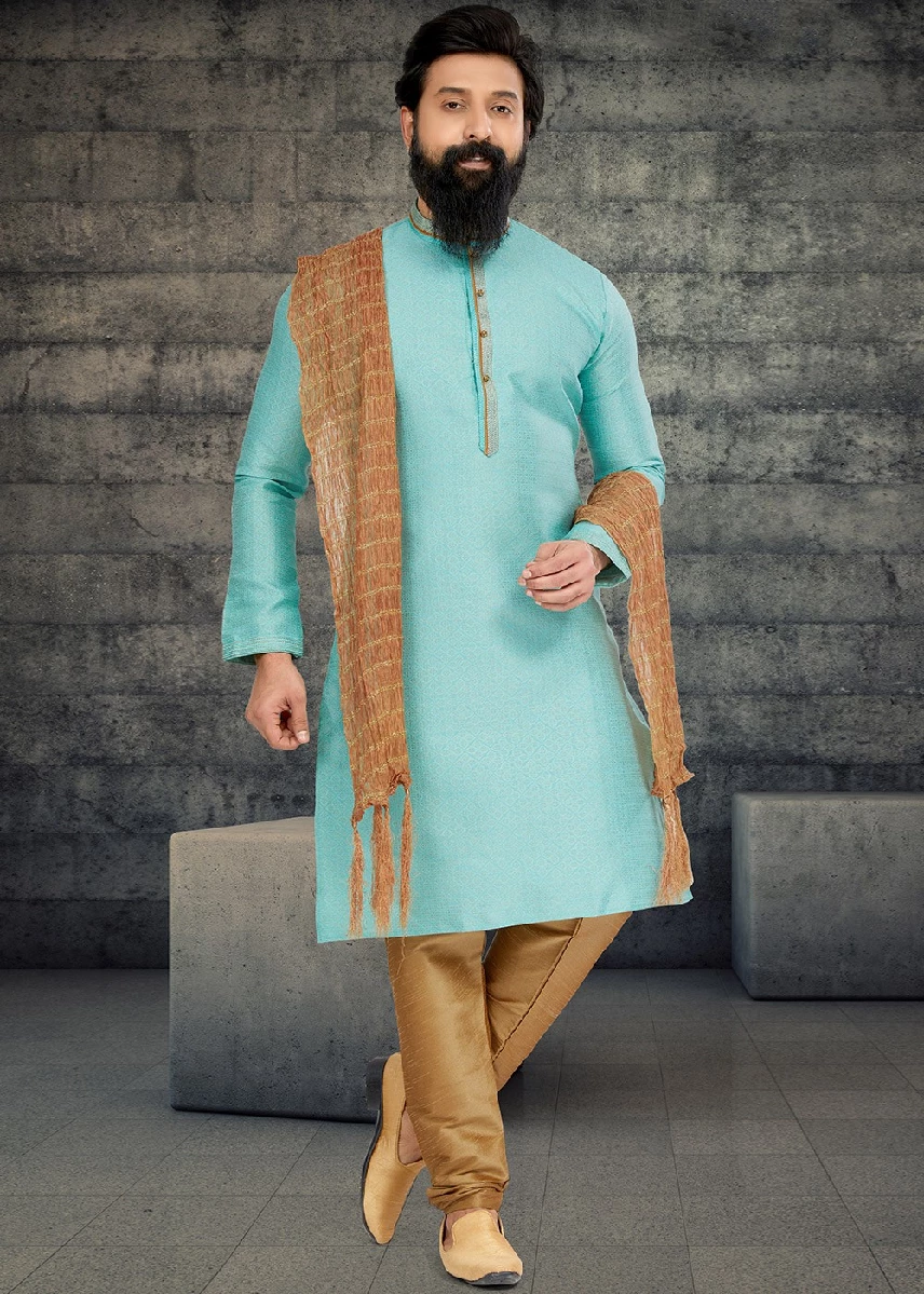 Blue Festive Jacquard Kurta Pajama, 36-1.webp
